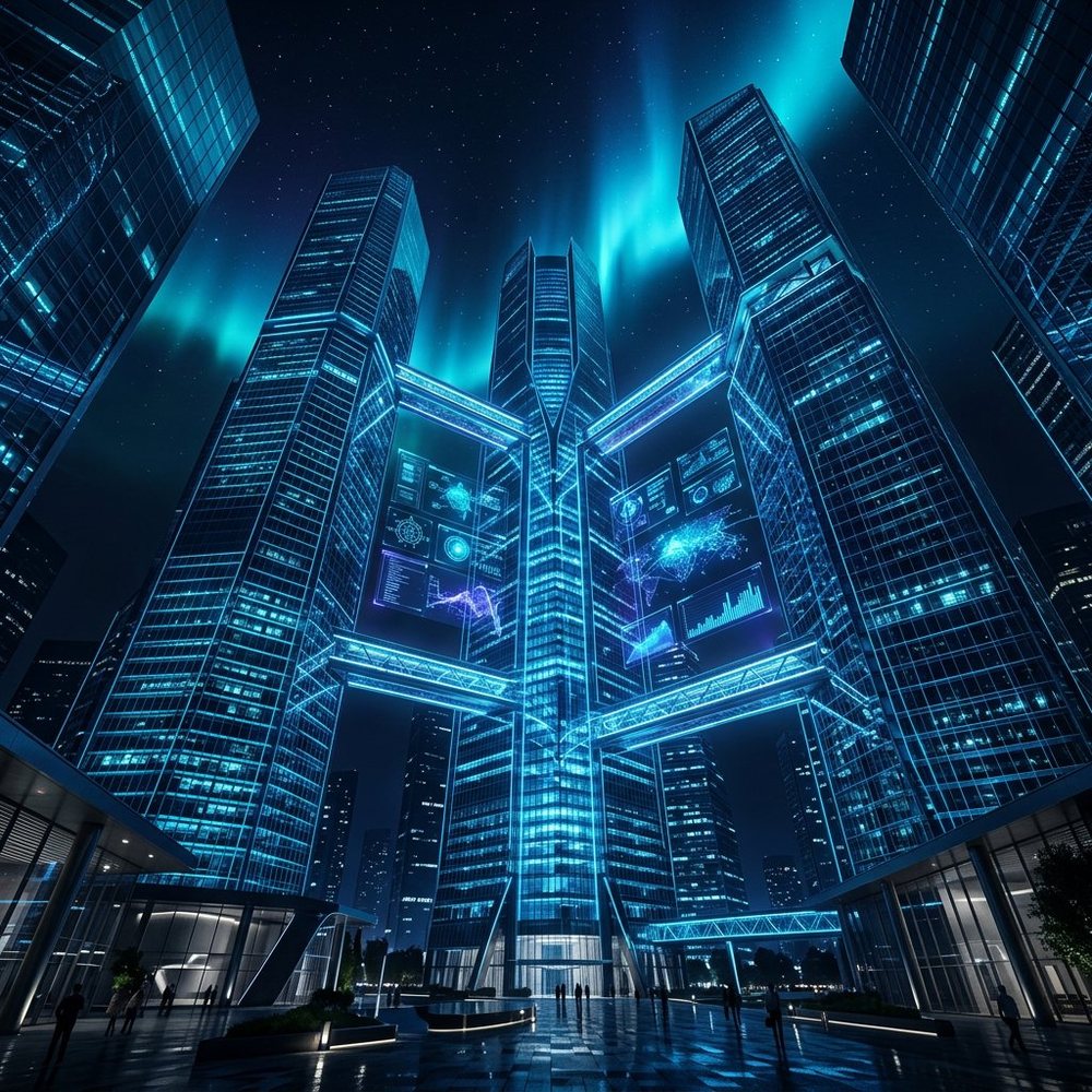 Futuristic digital headquarters of Prajapati NexaTech Global with glowing data towers