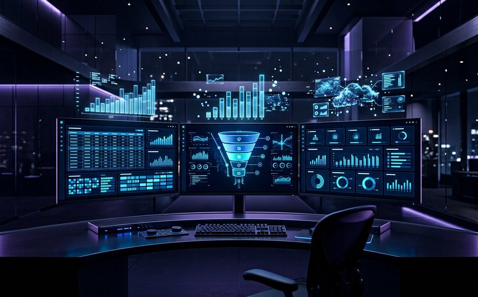 ERP and CRM suite dashboards running across multiple monitors