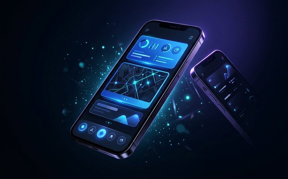 Business mobile application interface shown on smartphones